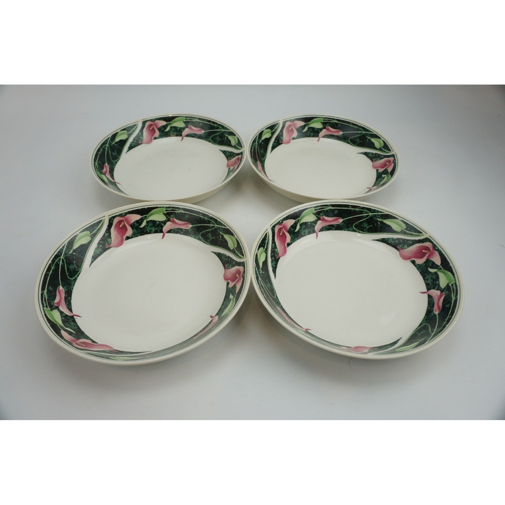 Gibson Soup Pasta Bowls Set of 4 Pink Calla Lily Floral Green Trim Good
